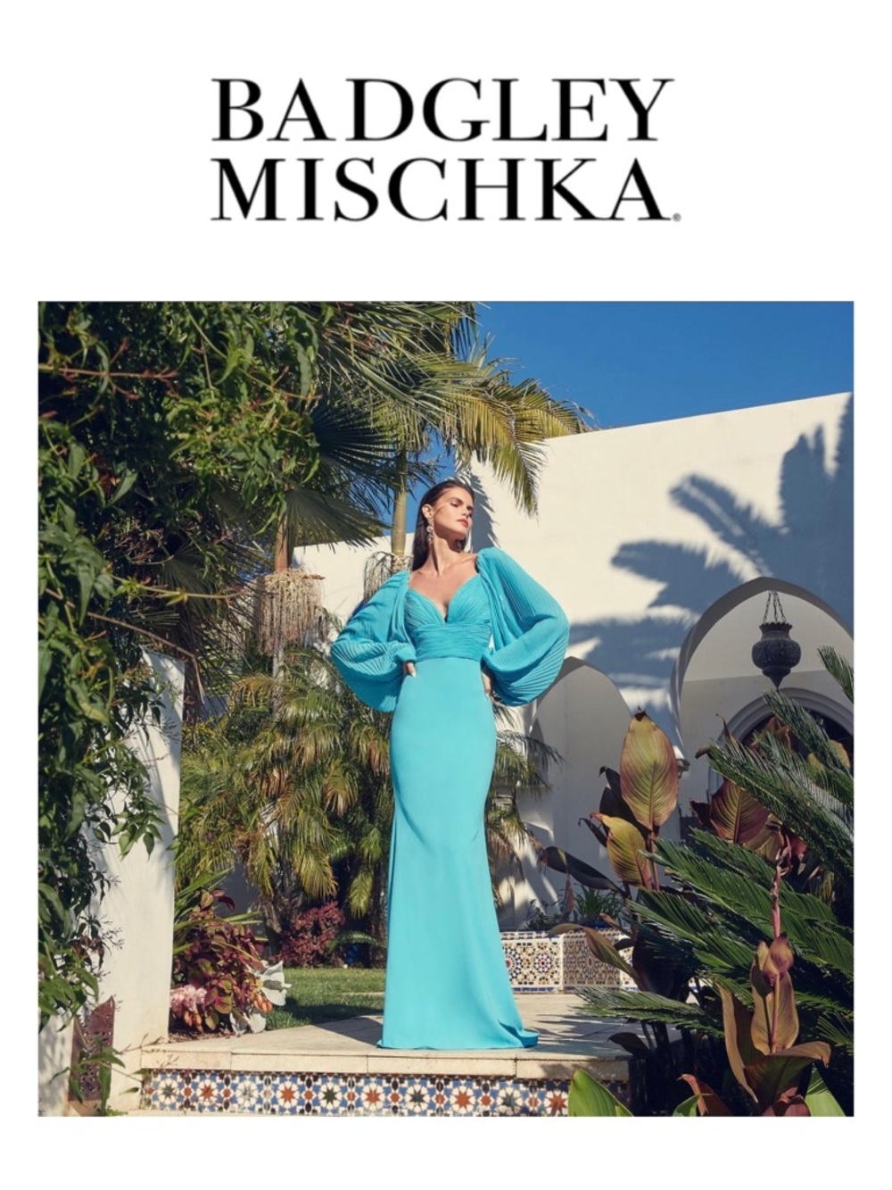 BADGLEY MISCHKA Pleated Blouson-Sleeve Sweetheart Gown